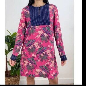 Anthropologie Women's Maeve Bird Print Polka Dot Trim Dress Pink Navy Size 4